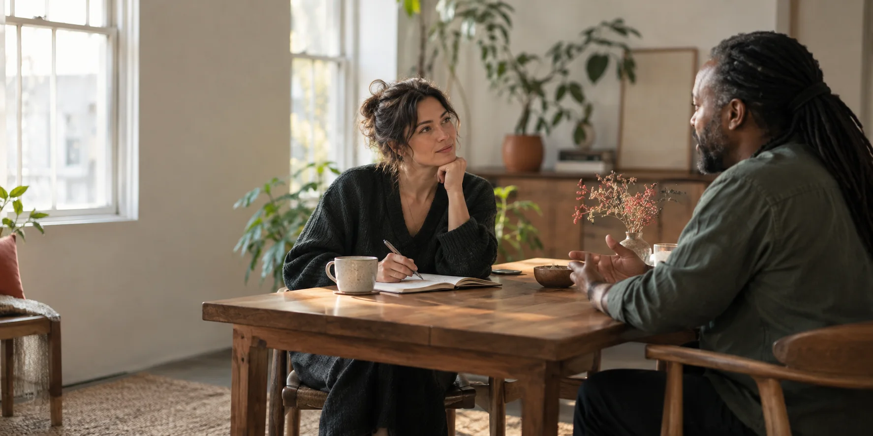 Two people speaking face to face during a coaching session